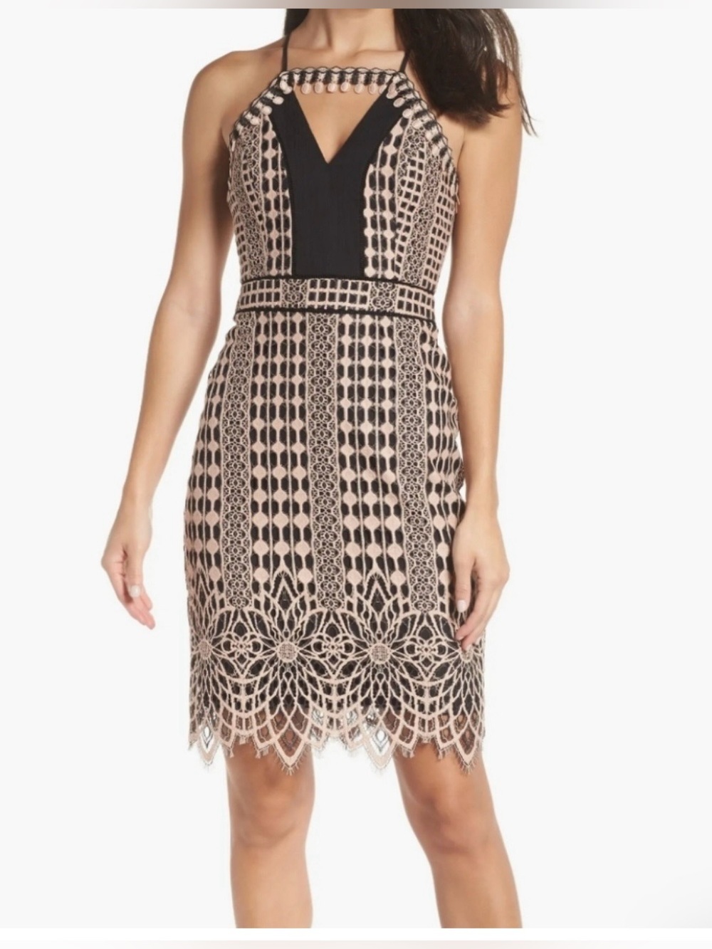 Black and Nude Chiffon Lace Halter Body Con Mini Dress